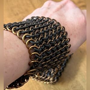 Chain Link Cuff Bracelet Jennifer Butler Color Black Braided w/ Brass Metal 3x3"